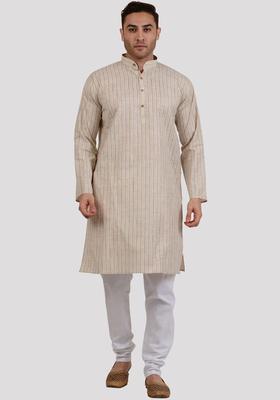 Beige Striped Linen Kurta Set For Men