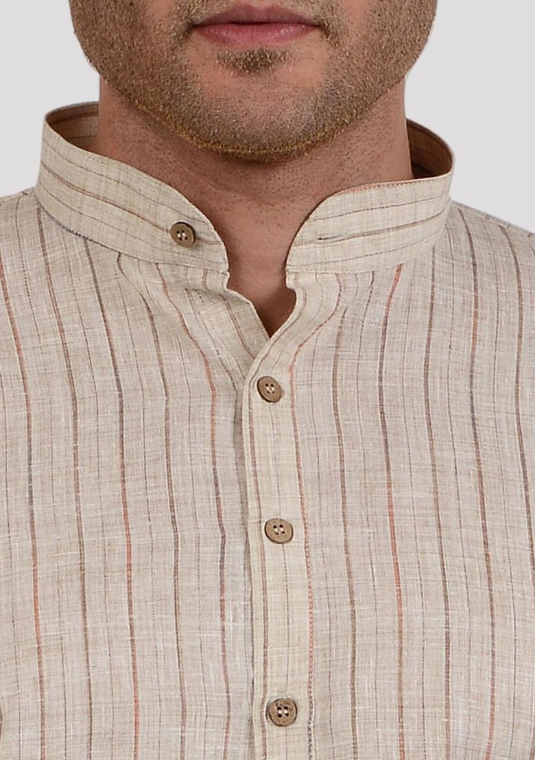 Beige Striped Linen Kurta Set For Men - Indya