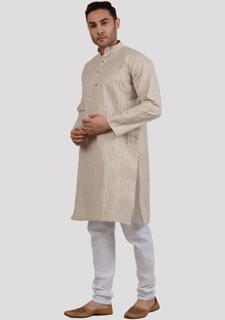 Beige Striped Linen Kurta Set For Men - Indya