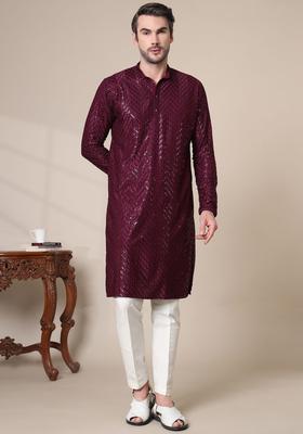 Purple Embroidered Cotton Kurta Set For Men