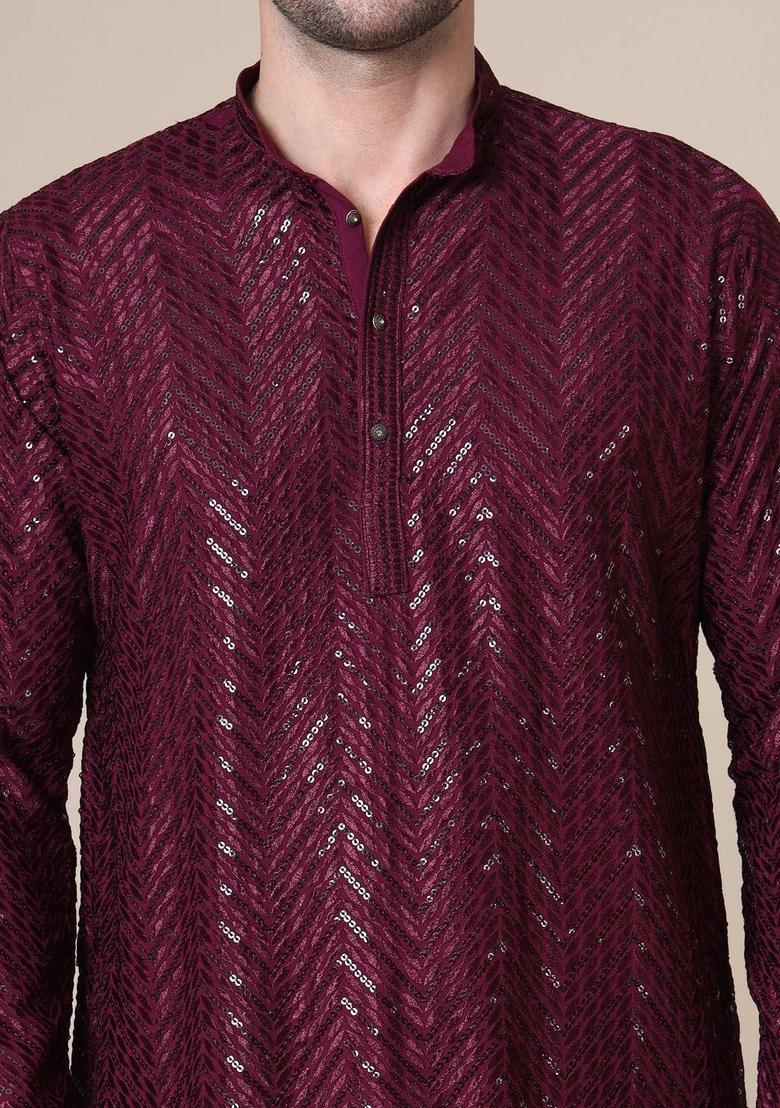 Purple Embroidered Cotton Kurta Set For Men - Indya