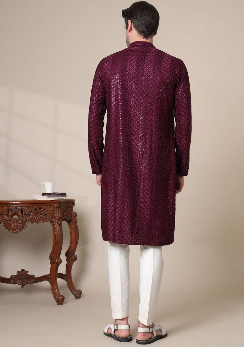 Purple Embroidered Cotton Kurta Set For Men - Indya