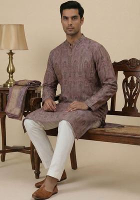 Purple Printed Silk Kurta Set For Men