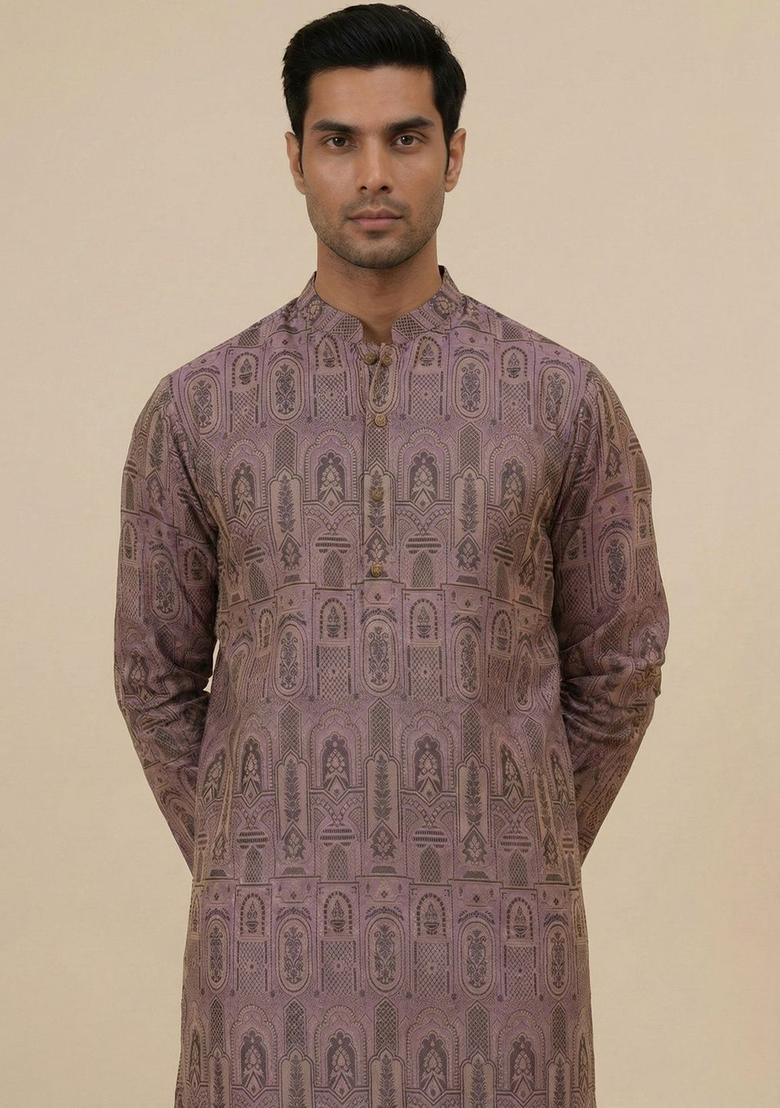 Purple Printed Silk Kurta Set For Men - Indya