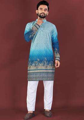 Blue Printed Viscose Kurta Set For Men