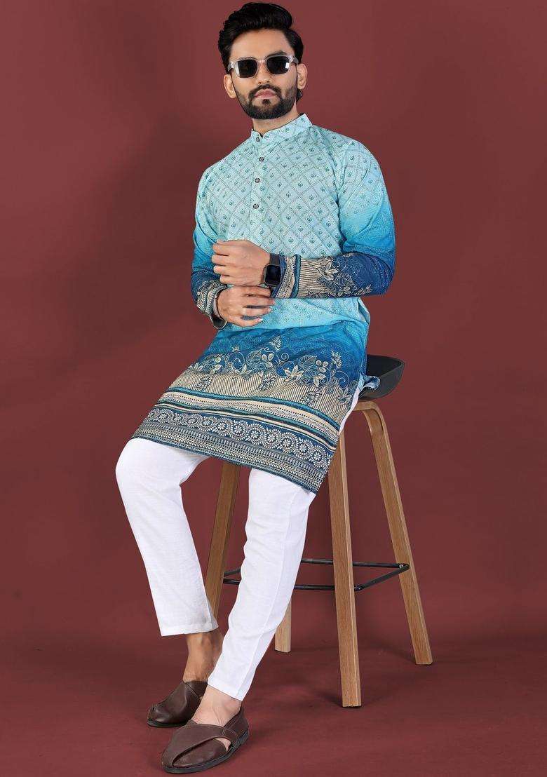 Blue Printed Viscose Kurta Set For Men - Indya