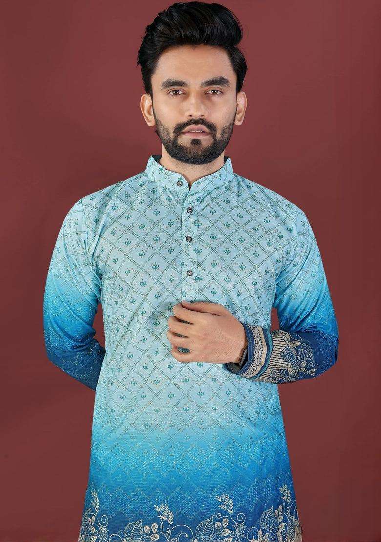 Blue Printed Viscose Kurta Set For Men - Indya