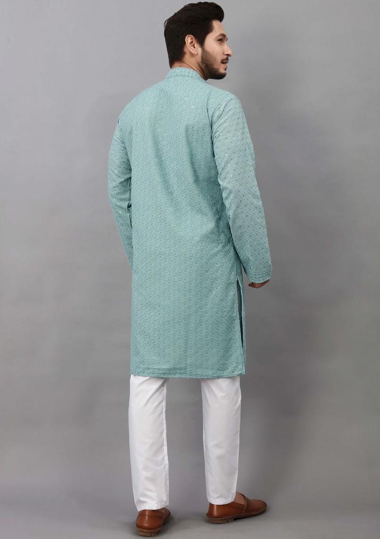 Sea Green Embroidered Viscose Kurta Set For Men - Indya