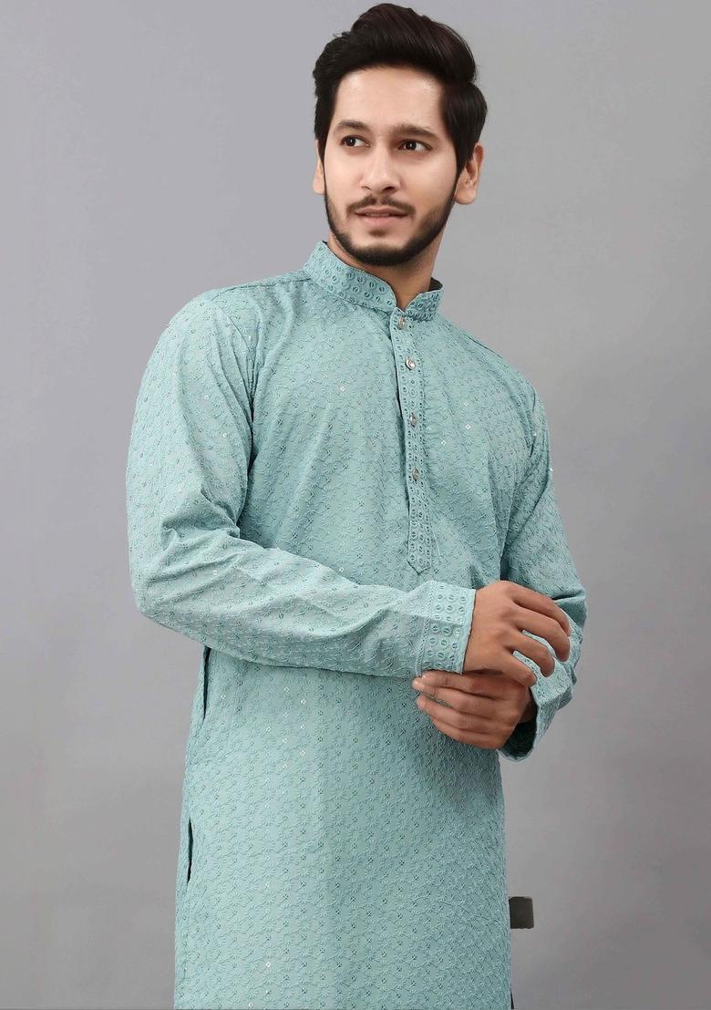 Sea Green Embroidered Viscose Kurta Set For Men - Indya
