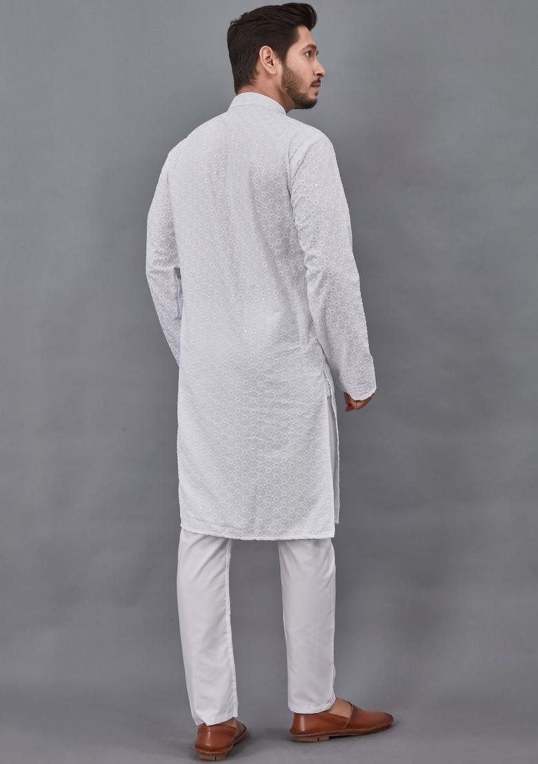 White Embroidered Viscose Kurta Set For Men - Indya