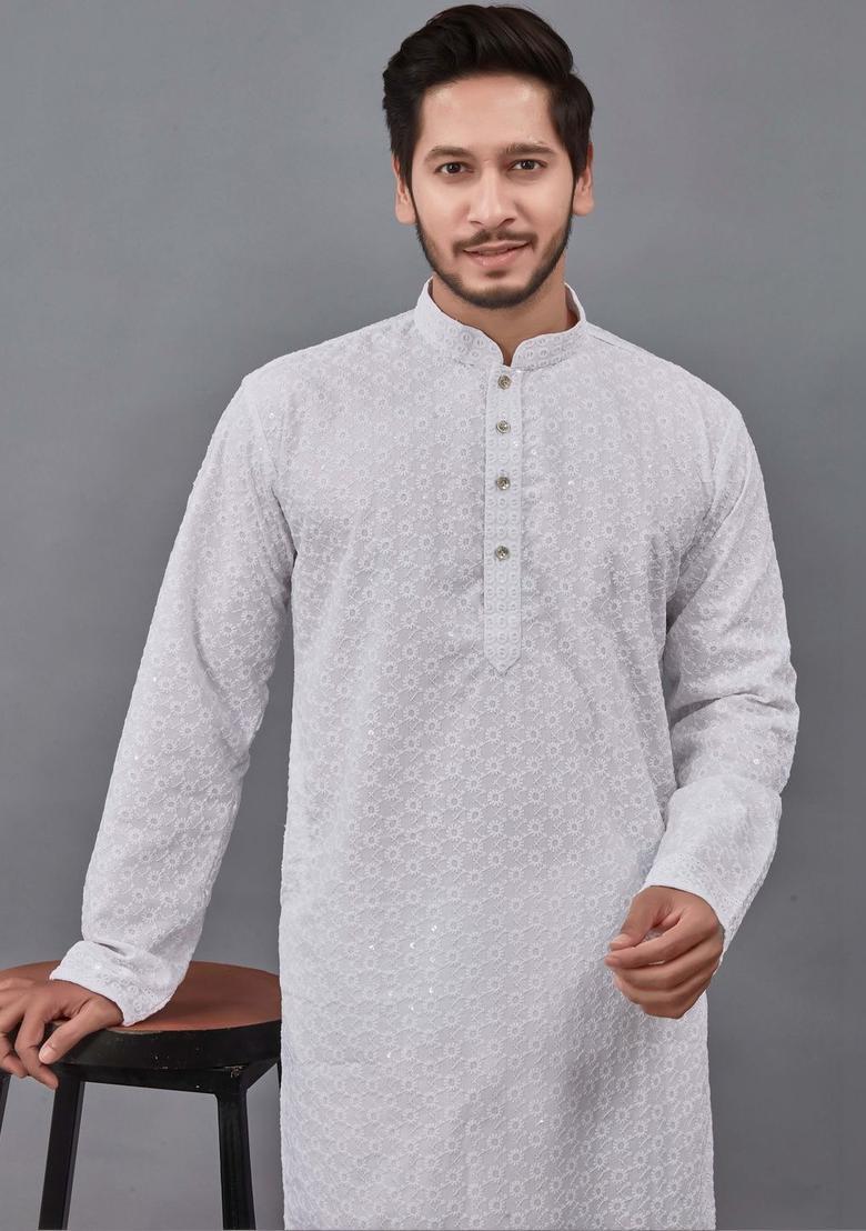 White Embroidered Viscose Kurta Set For Men - Indya