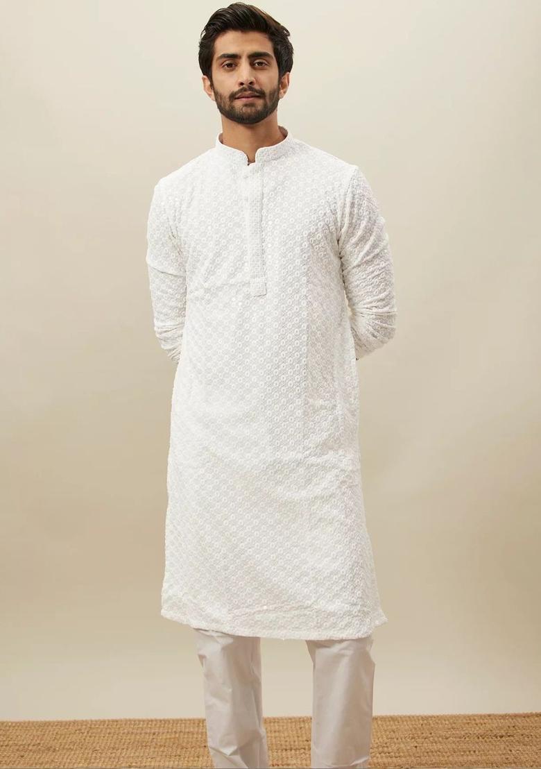 White Embroidered Viscose Kurta Set For Men - Indya