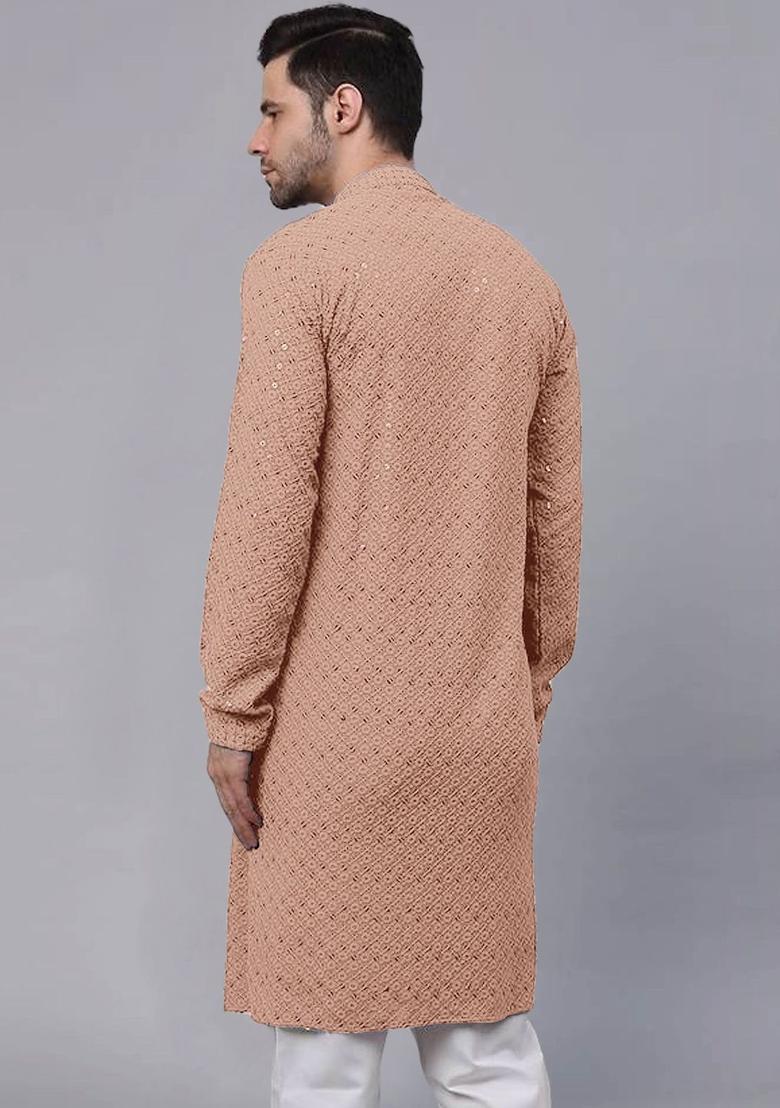 Peach Embroidered Viscose Kurta Set For Men - Indya