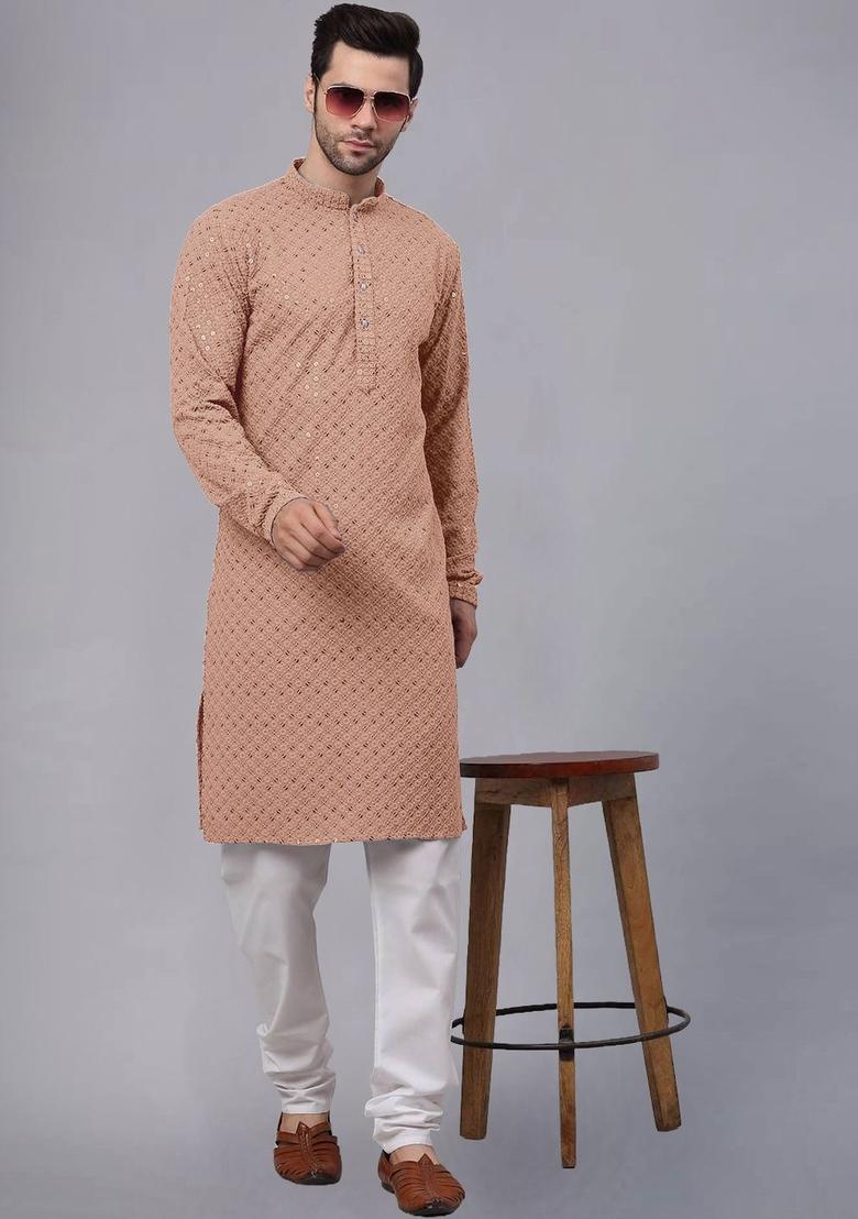 Peach Embroidered Viscose Kurta Set For Men - Indya