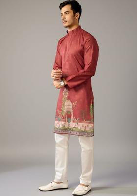 Red Printed Cotton Kurta Set For Men