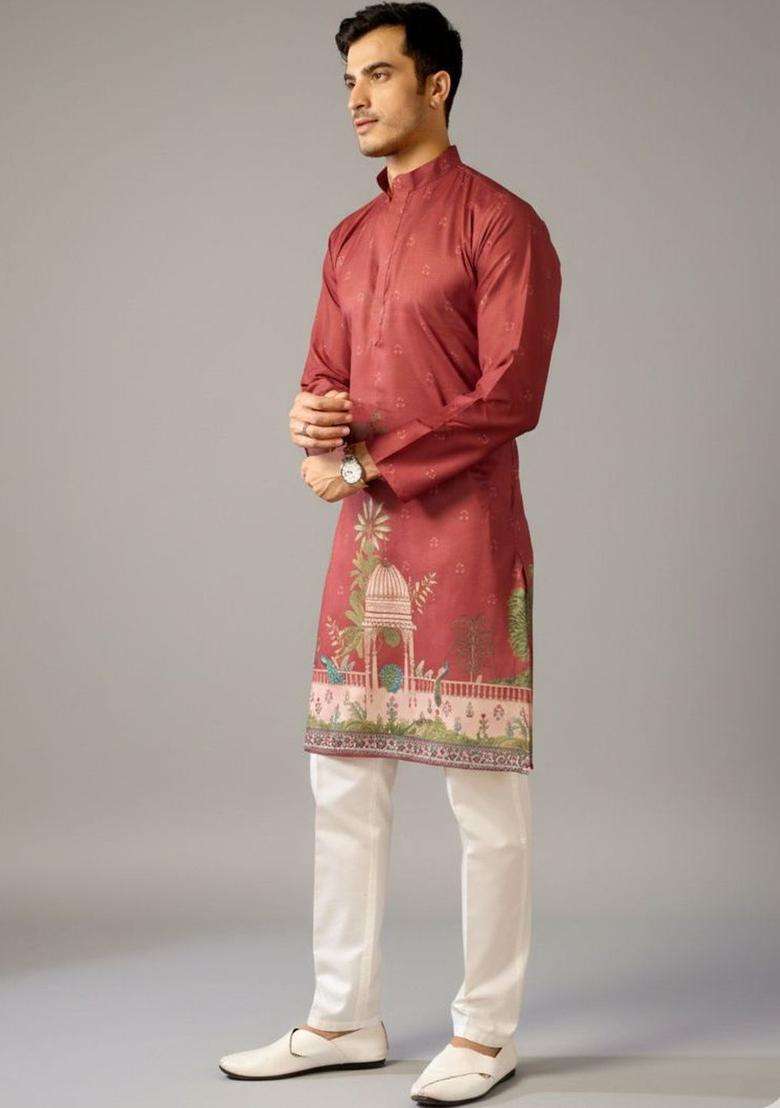 Red Printed Cotton Kurta Set For Men - Indya