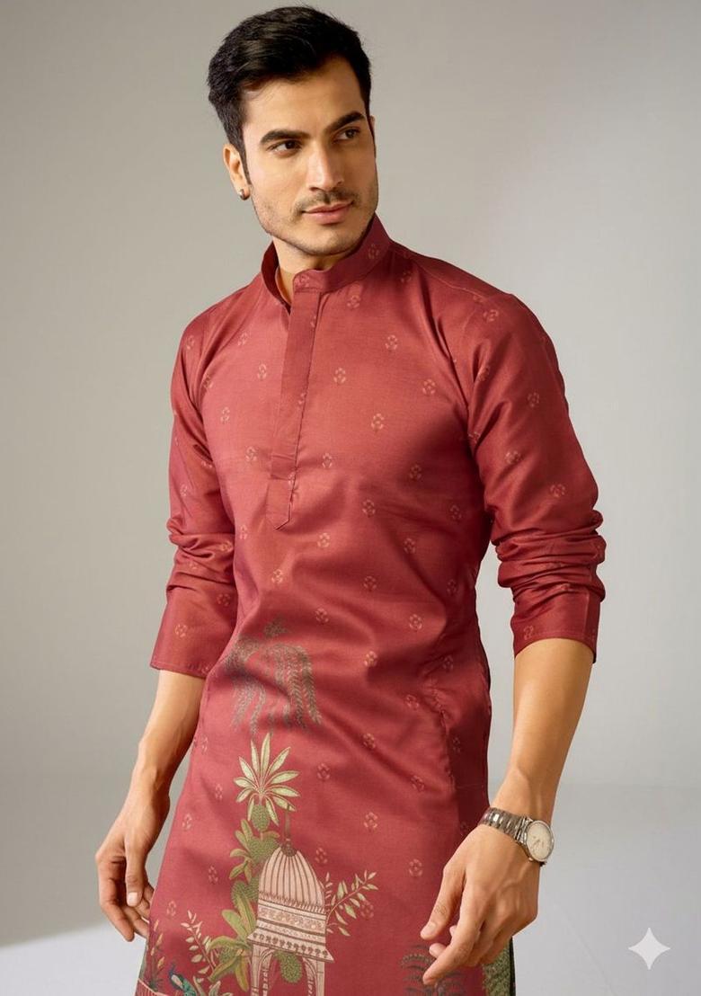 Red Printed Cotton Kurta Set For Men - Indya