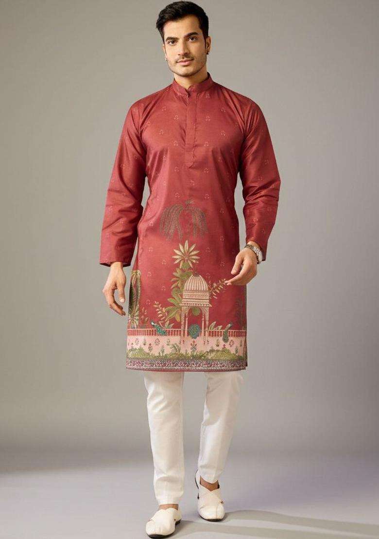 Red Printed Cotton Kurta Set For Men - Indya