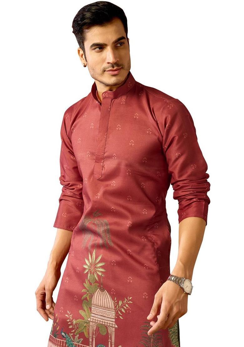 Red Printed Cotton Kurta Set For Men - Indya