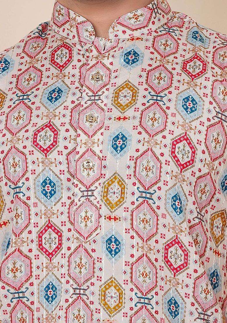 Beige Printed Cotton Kurta Set For Men - Indya
