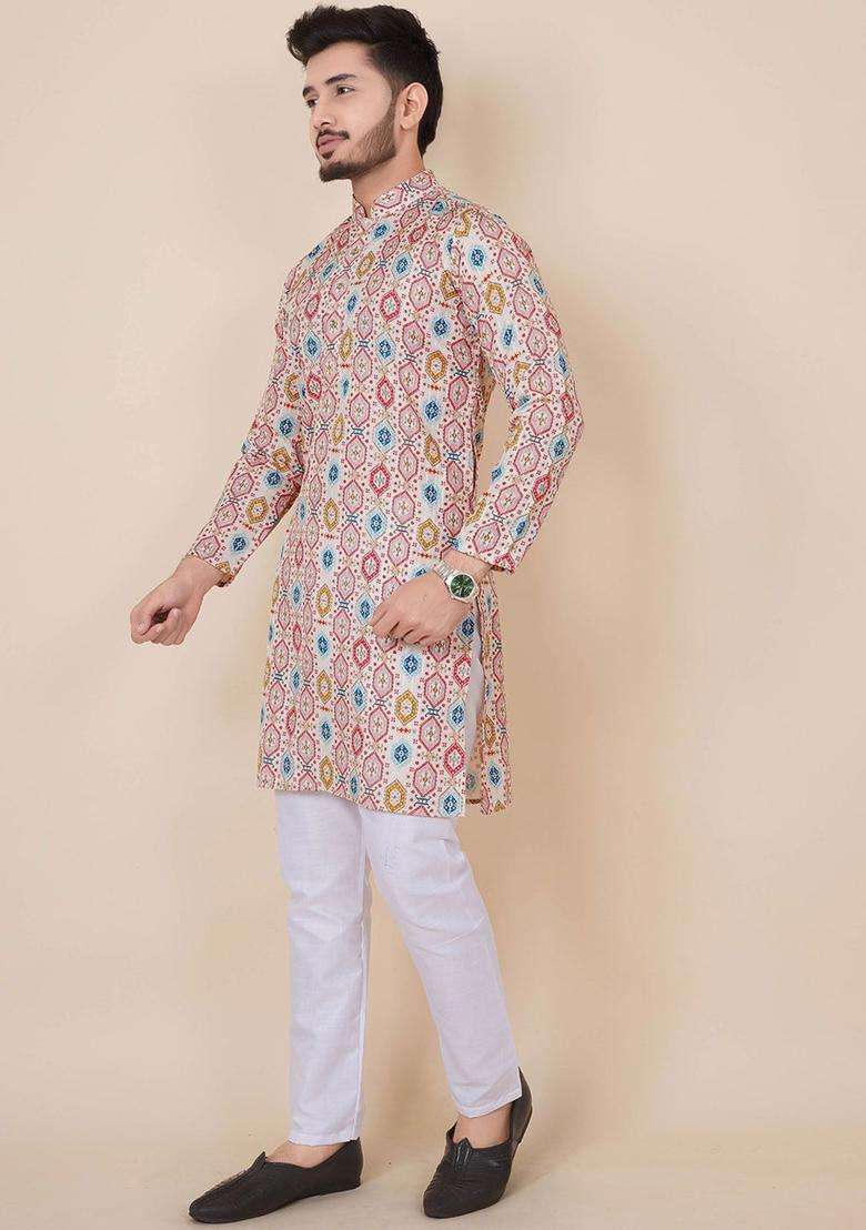 Beige Printed Cotton Kurta Set For Men - Indya