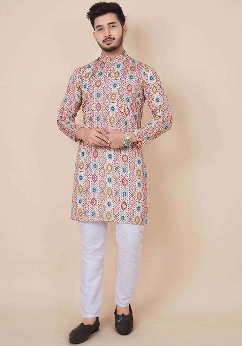 Beige Printed Cotton Kurta Set For Men