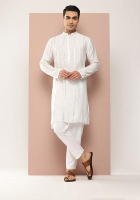 Off White Embroidered Cotton Kurta Set For Men