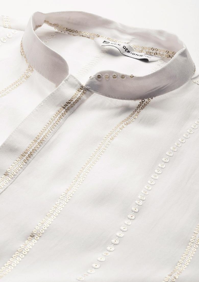 Off White Embroidered Cotton Kurta Set For Men - Indya