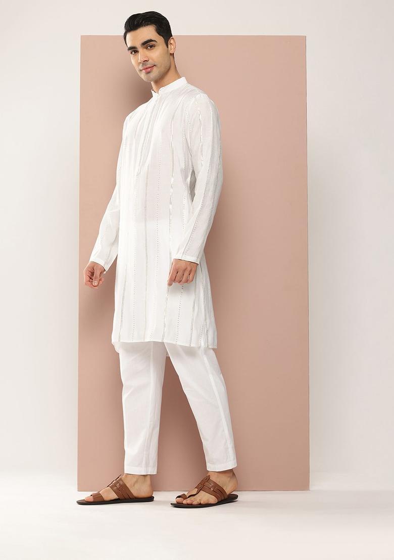 Off White Embroidered Cotton Kurta Set For Men - Indya