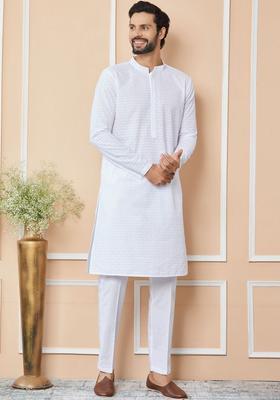 White Embroidered Cotton Kurta Set For Men