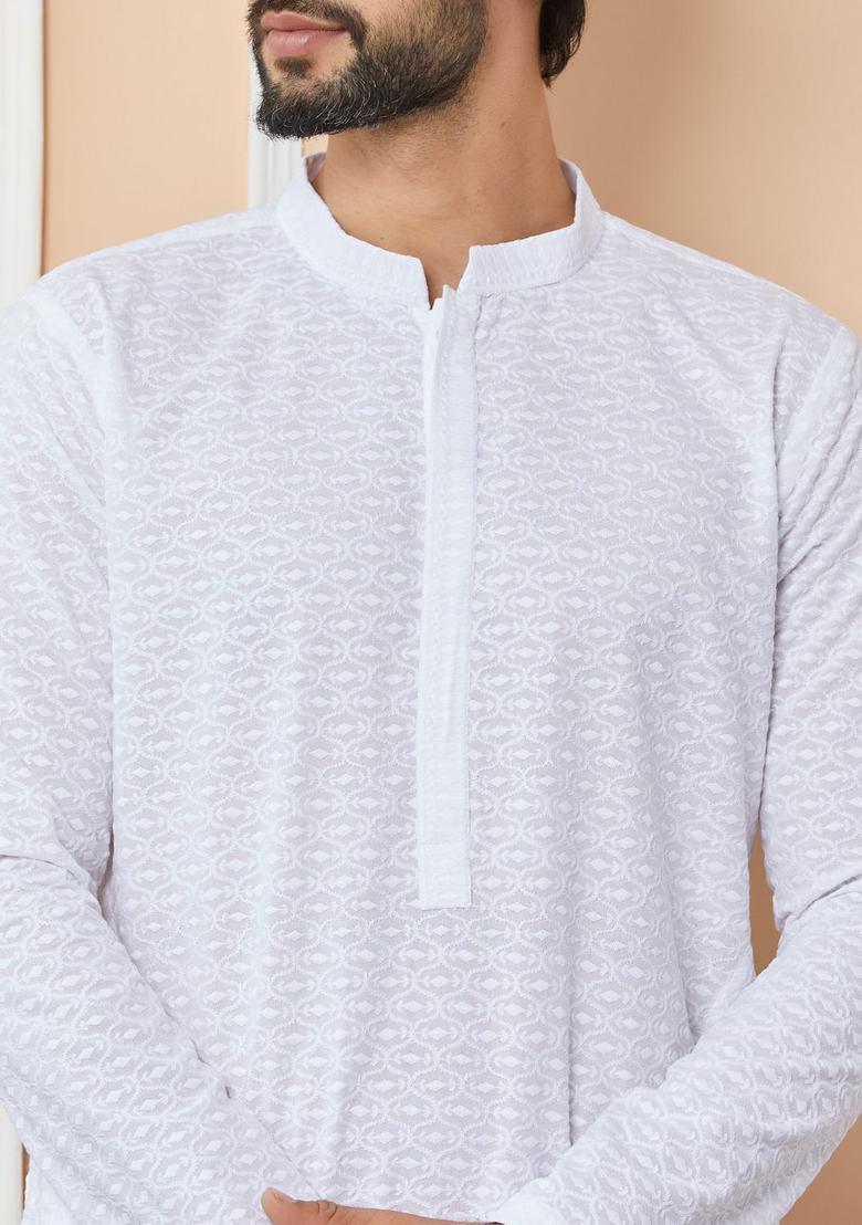 White Embroidered Cotton Kurta Set For Men - Indya