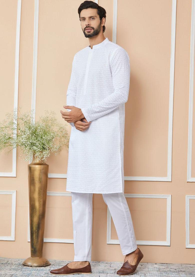White Embroidered Cotton Kurta Set For Men - Indya