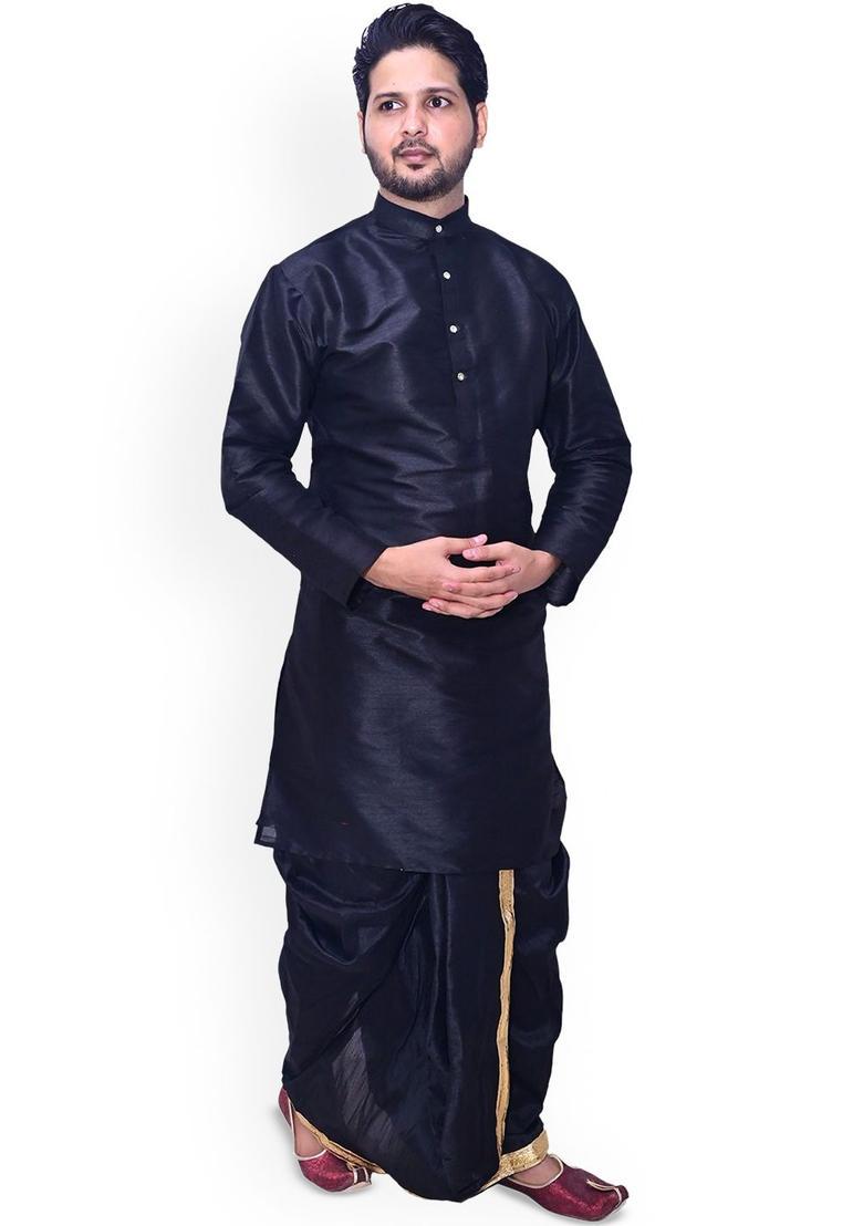 Black Solid Silk Kurta Set For Men - Indya