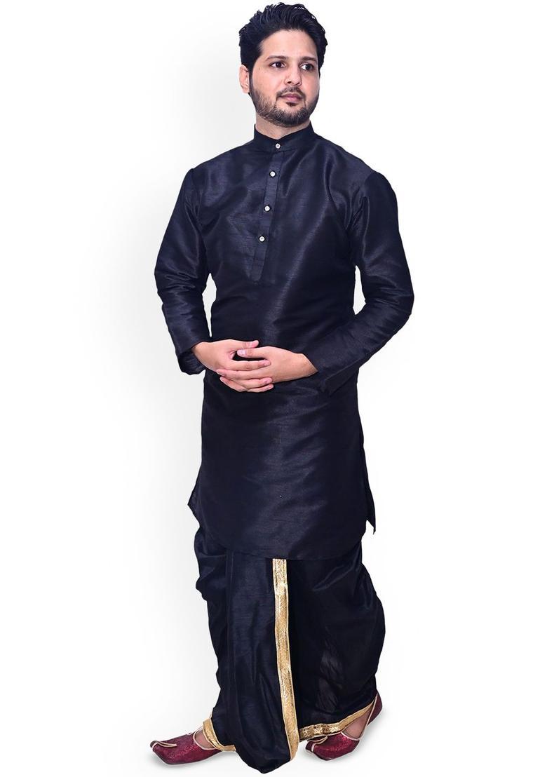 Black Solid Silk Kurta Set For Men - Indya