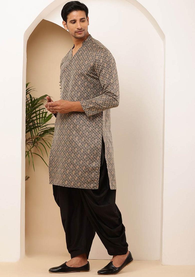 Grey Woven Design Viscose Kurta Set For Men - Indya