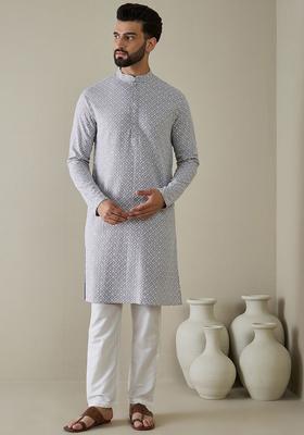 Grey Embroidered Cotton Kurta Set For Men
