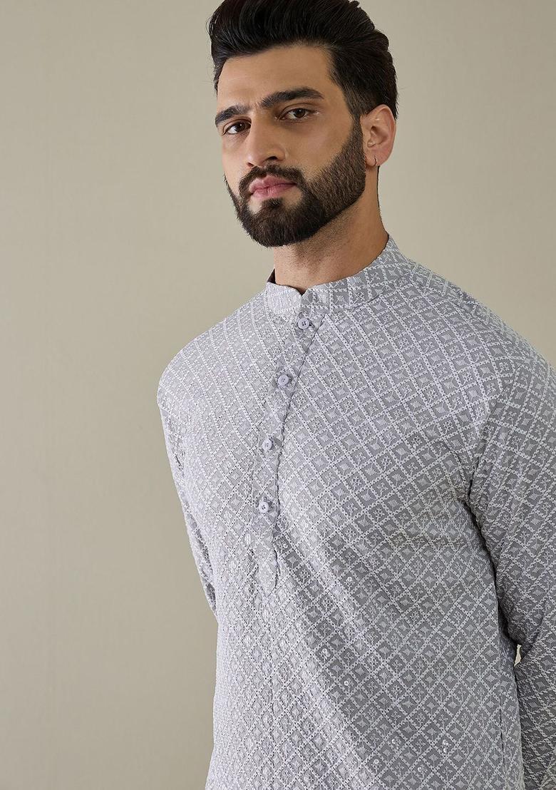 Grey Embroidered Cotton Kurta Set For Men - Indya