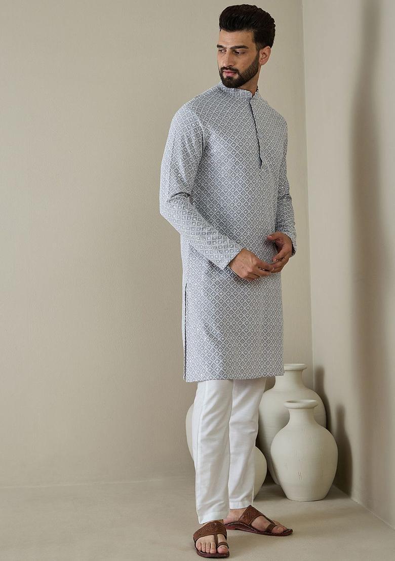 Grey Embroidered Cotton Kurta Set For Men - Indya