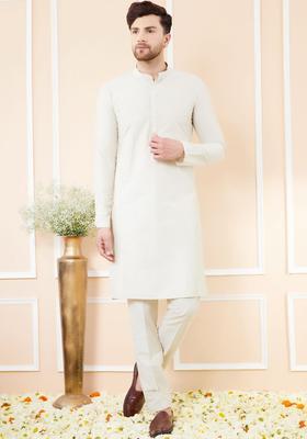 Cream Solid Cotton Kurta Set For Men