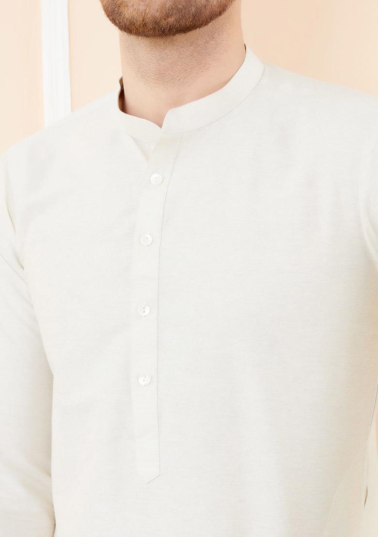 Cream Solid Cotton Kurta Set For Men - Indya