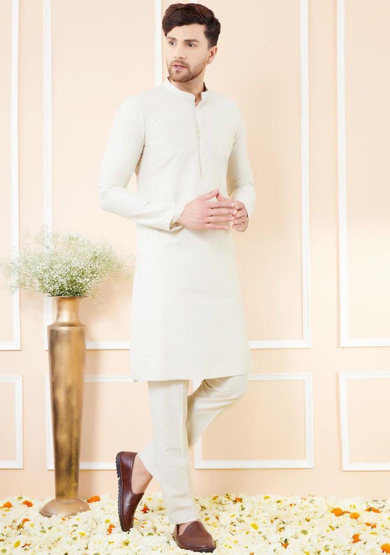 Cream Solid Cotton Kurta Set For Men - Indya