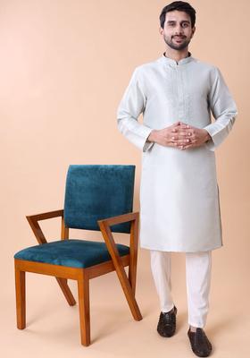 Green Embroidered Silk Kurta Set For Men