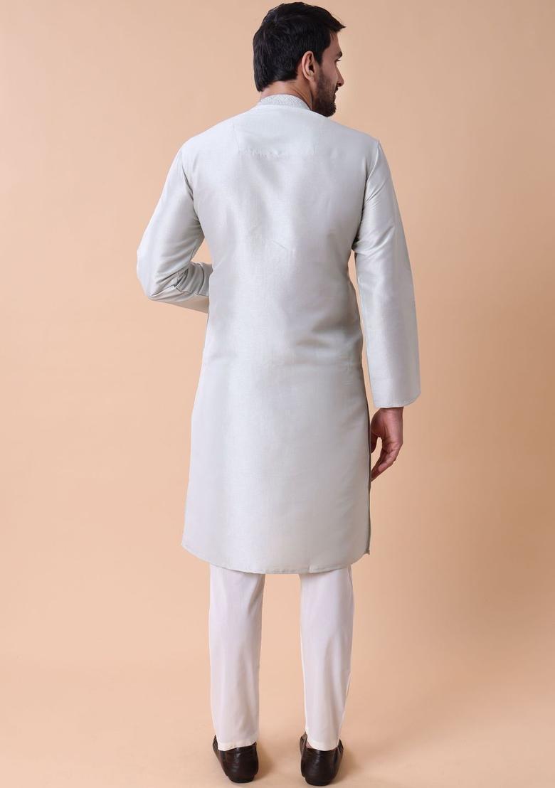 Green Embroidered Silk Kurta Set For Men - Indya
