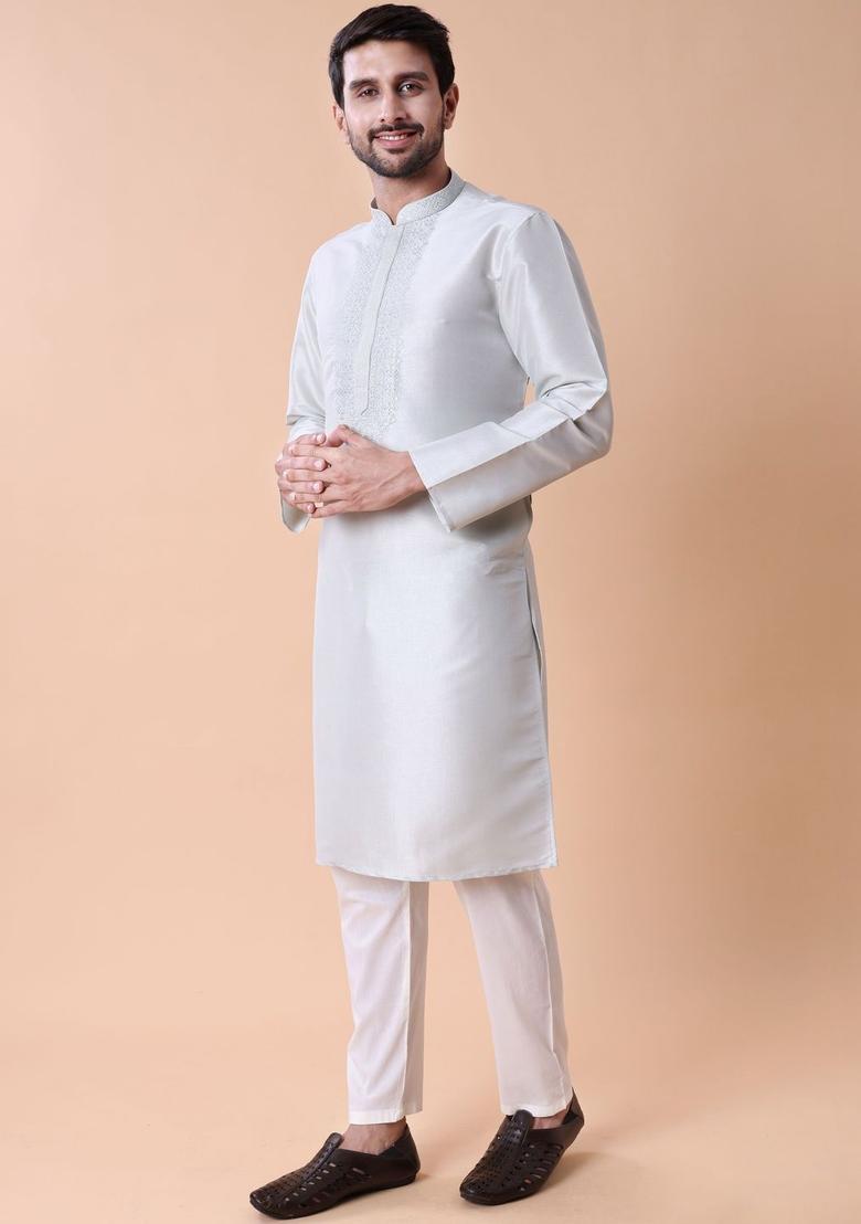 Green Embroidered Silk Kurta Set For Men - Indya