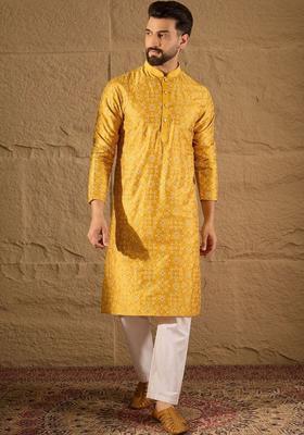 Yellow Printed Silk Kurta Set For Men