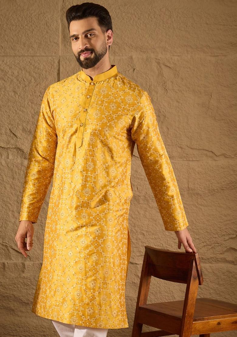 Yellow Printed Silk Kurta Set For Men - Indya