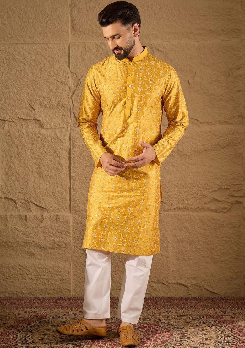 Yellow Printed Silk Kurta Set For Men - Indya