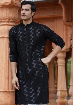 Black Printed Cotton Kurta Set For Men