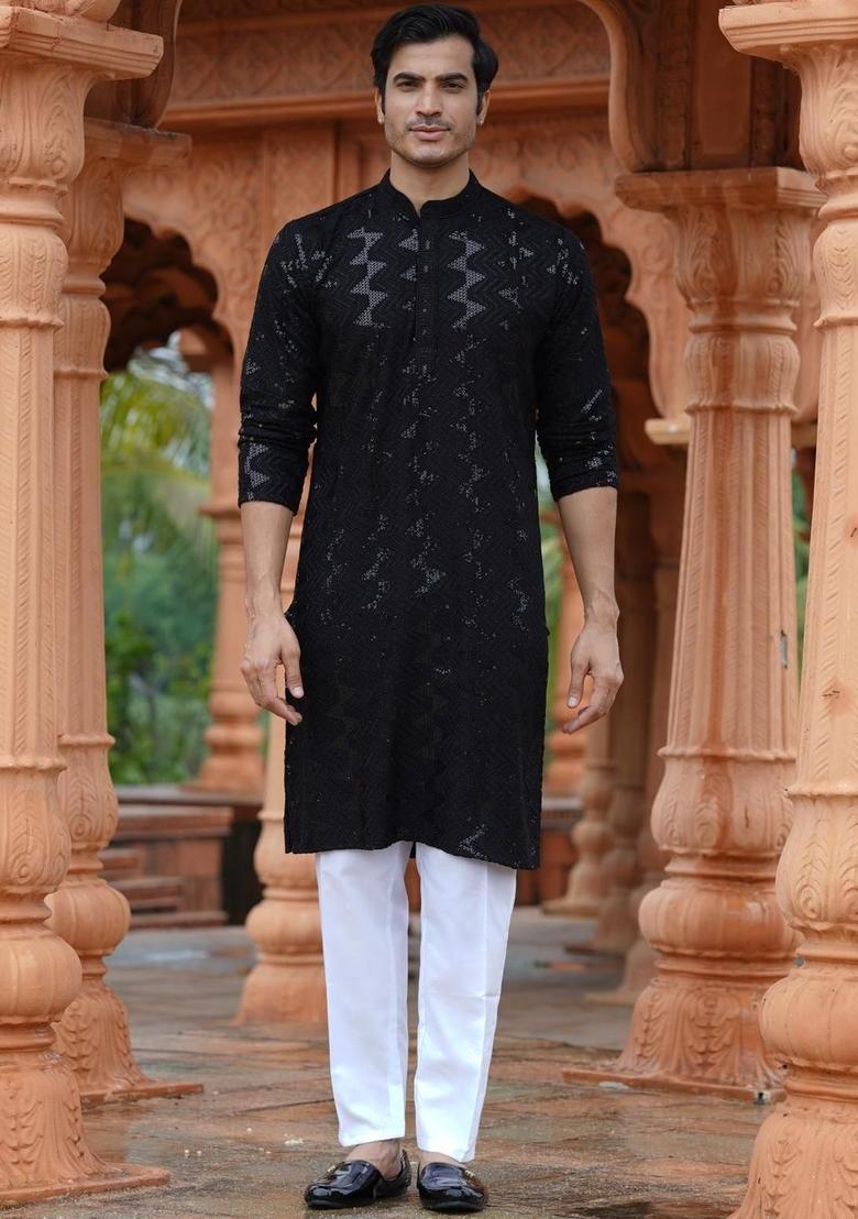 Black Printed Cotton Kurta Set For Men - Indya