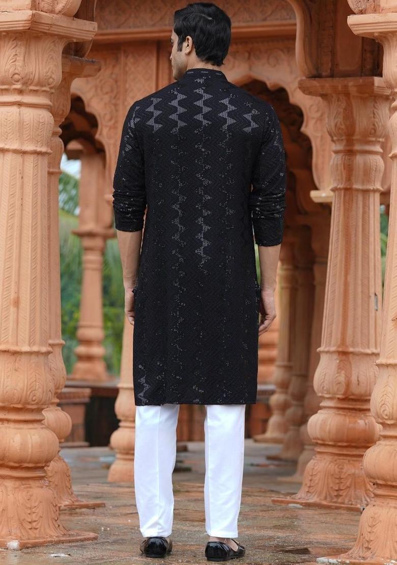 Black Printed Cotton Kurta Set For Men - Indya
